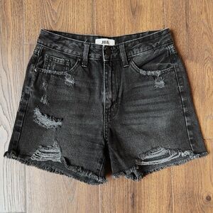 JBD Black High Rise Distressed Denim Jean Shorts with Frayed Edges